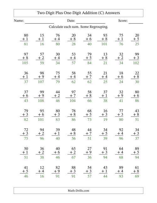 The Two-Digit Plus One-Digit Addition With Some Regrouping – 64 Questions (C) Math Worksheet Page 2
