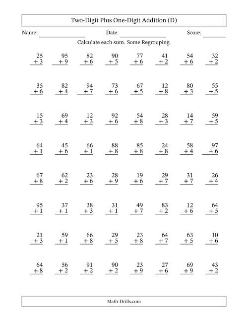 The Two-Digit Plus One-Digit Addition With Some Regrouping – 64 Questions (D) Math Worksheet