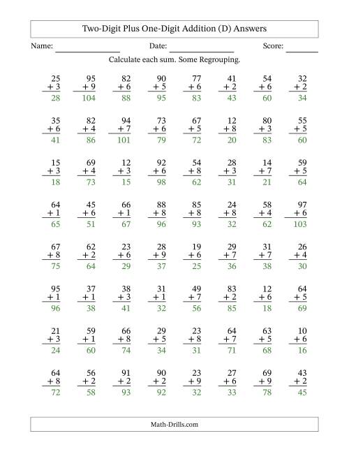 The Two-Digit Plus One-Digit Addition With Some Regrouping – 64 Questions (D) Math Worksheet Page 2