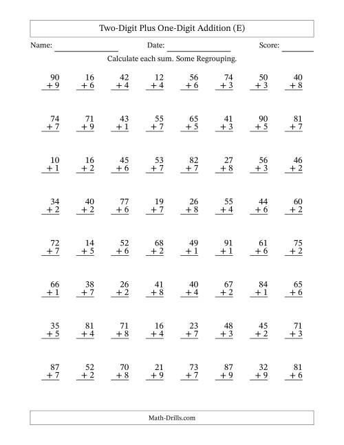 The Two-Digit Plus One-Digit Addition With Some Regrouping – 64 Questions (E) Math Worksheet