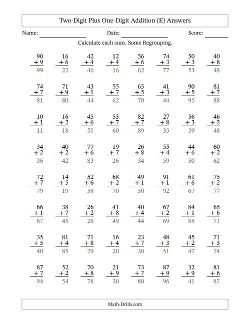 The Two-Digit Plus One-Digit Addition With Some Regrouping – 64 Questions (E) Math Worksheet Page 2