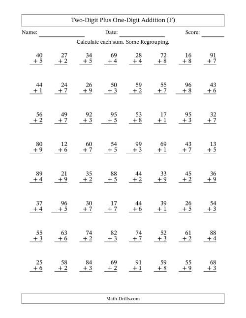 The Two-Digit Plus One-Digit Addition With Some Regrouping – 64 Questions (F) Math Worksheet