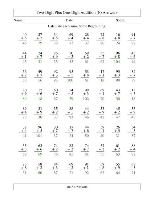 The Two-Digit Plus One-Digit Addition With Some Regrouping – 64 Questions (F) Math Worksheet Page 2
