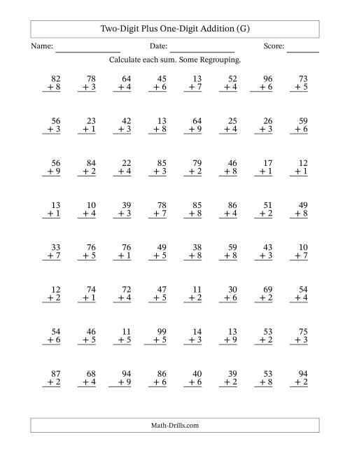 The Two-Digit Plus One-Digit Addition With Some Regrouping – 64 Questions (G) Math Worksheet