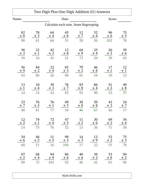 The Two-Digit Plus One-Digit Addition With Some Regrouping – 64 Questions (G) Math Worksheet Page 2