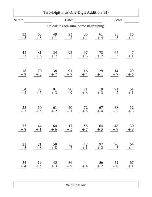 The Two-Digit Plus One-Digit Addition With Some Regrouping – 64 Questions (H) Math Worksheet