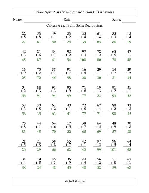 The Two-Digit Plus One-Digit Addition With Some Regrouping – 64 Questions (H) Math Worksheet Page 2