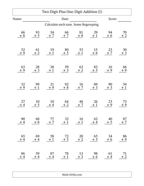 The Two-Digit Plus One-Digit Addition With Some Regrouping – 64 Questions (I) Math Worksheet