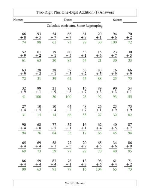 The Two-Digit Plus One-Digit Addition With Some Regrouping – 64 Questions (I) Math Worksheet Page 2