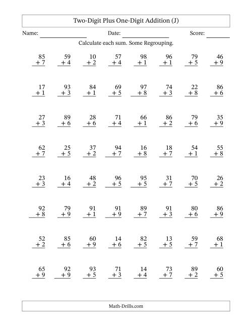 The Two-Digit Plus One-Digit Addition With Some Regrouping – 64 Questions (J) Math Worksheet