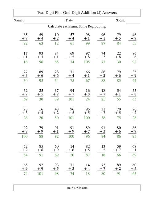 The Two-Digit Plus One-Digit Addition With Some Regrouping – 64 Questions (J) Math Worksheet Page 2