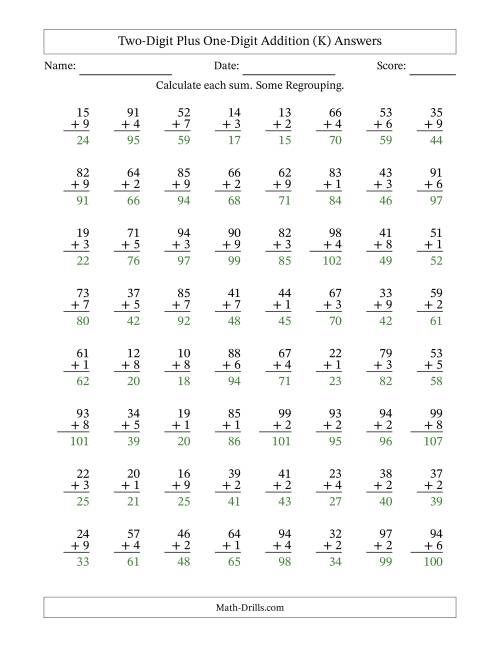 The Two-Digit Plus One-Digit Addition With Some Regrouping – 64 Questions (K) Math Worksheet Page 2