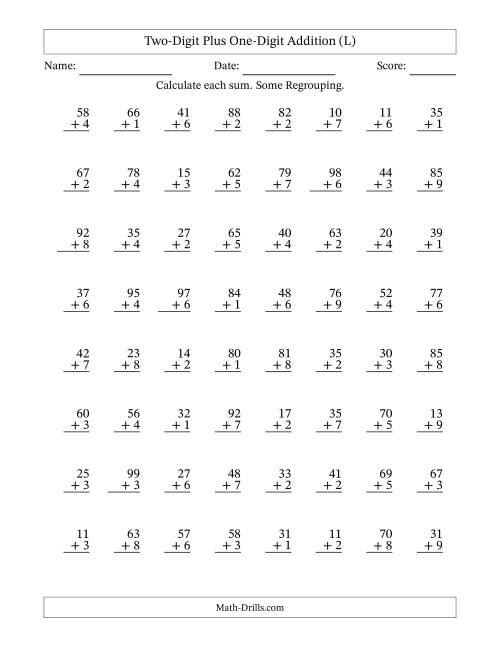 The Two-Digit Plus One-Digit Addition With Some Regrouping – 64 Questions (L) Math Worksheet