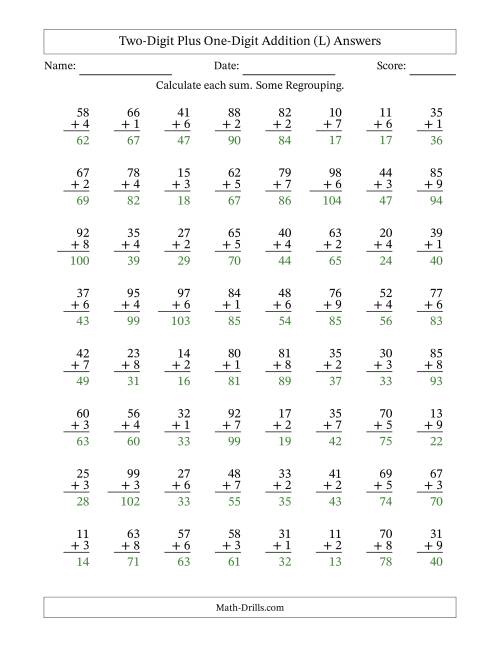 The Two-Digit Plus One-Digit Addition With Some Regrouping – 64 Questions (L) Math Worksheet Page 2