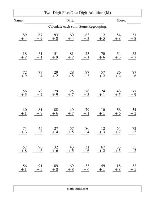 The Two-Digit Plus One-Digit Addition With Some Regrouping – 64 Questions (M) Math Worksheet