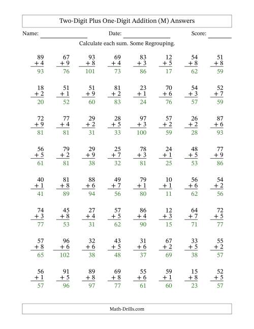 The Two-Digit Plus One-Digit Addition With Some Regrouping – 64 Questions (M) Math Worksheet Page 2