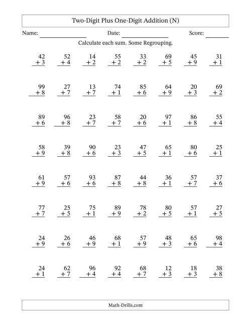 The Two-Digit Plus One-Digit Addition With Some Regrouping – 64 Questions (N) Math Worksheet