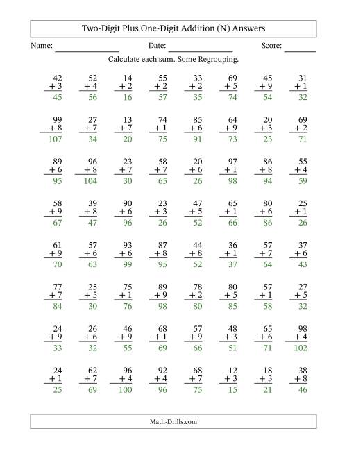 The Two-Digit Plus One-Digit Addition With Some Regrouping – 64 Questions (N) Math Worksheet Page 2