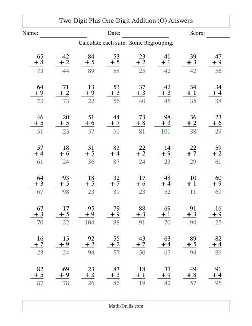 The Two-Digit Plus One-Digit Addition With Some Regrouping – 64 Questions (O) Math Worksheet Page 2