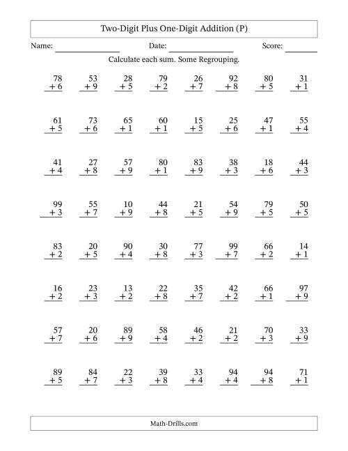The Two-Digit Plus One-Digit Addition With Some Regrouping – 64 Questions (P) Math Worksheet