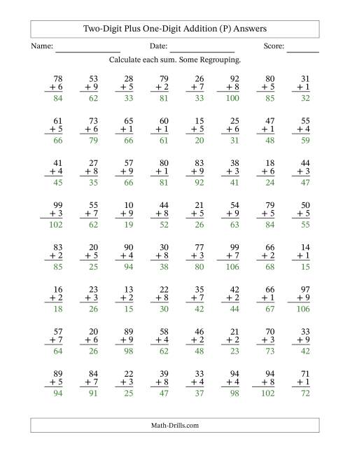 The Two-Digit Plus One-Digit Addition With Some Regrouping – 64 Questions (P) Math Worksheet Page 2