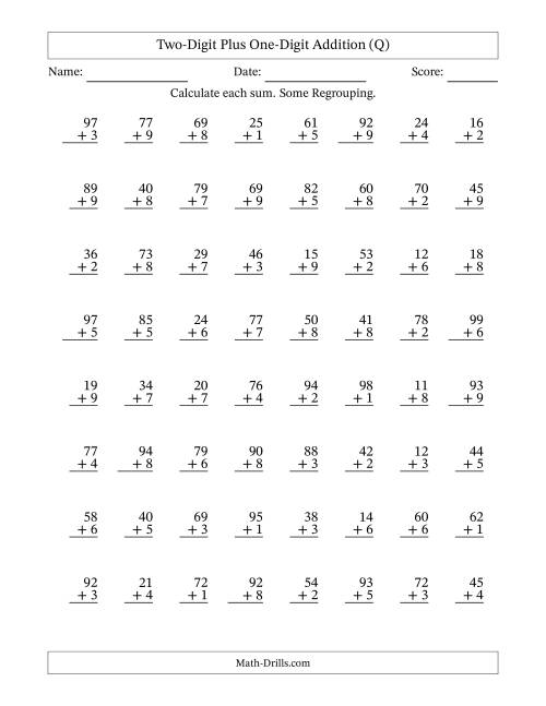 The Two-Digit Plus One-Digit Addition With Some Regrouping – 64 Questions (Q) Math Worksheet
