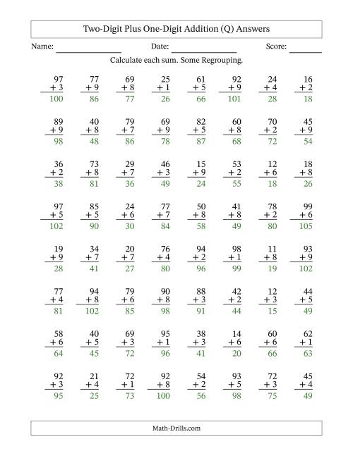 The Two-Digit Plus One-Digit Addition With Some Regrouping – 64 Questions (Q) Math Worksheet Page 2