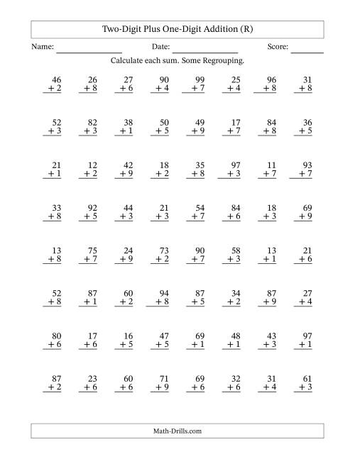 The Two-Digit Plus One-Digit Addition With Some Regrouping – 64 Questions (R) Math Worksheet