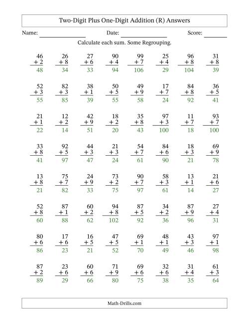 The Two-Digit Plus One-Digit Addition With Some Regrouping – 64 Questions (R) Math Worksheet Page 2