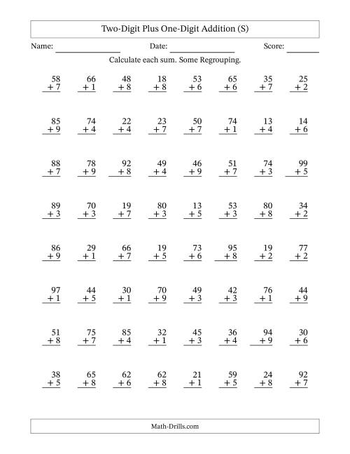 The Two-Digit Plus One-Digit Addition With Some Regrouping – 64 Questions (S) Math Worksheet