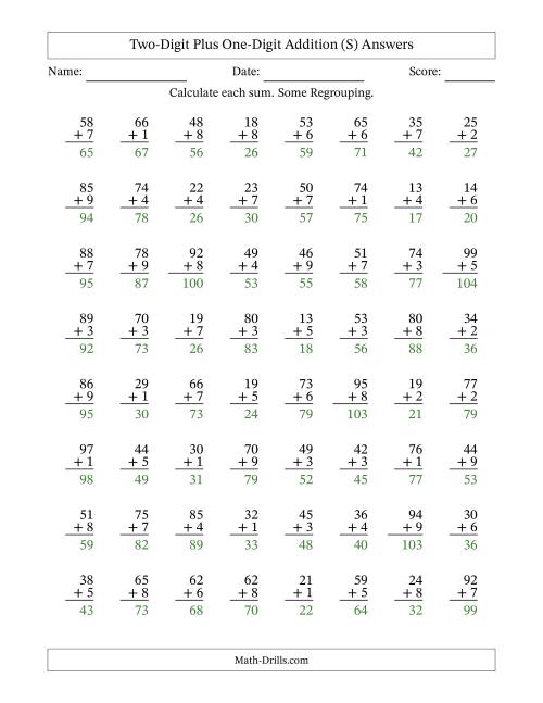 The Two-Digit Plus One-Digit Addition With Some Regrouping – 64 Questions (S) Math Worksheet Page 2