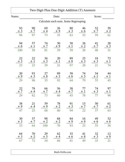 The Two-Digit Plus One-Digit Addition With Some Regrouping – 64 Questions (T) Math Worksheet Page 2