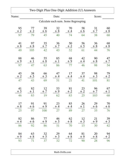 The Two-Digit Plus One-Digit Addition With Some Regrouping – 64 Questions (U) Math Worksheet Page 2