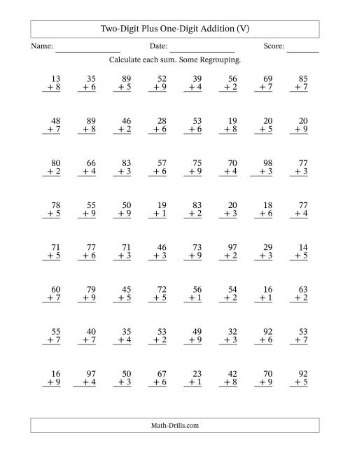 The Two-Digit Plus One-Digit Addition With Some Regrouping – 64 Questions (V) Math Worksheet