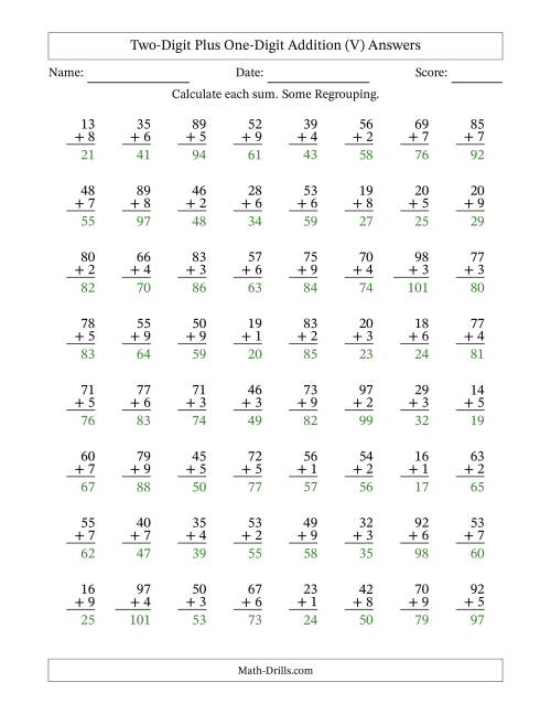 The Two-Digit Plus One-Digit Addition With Some Regrouping – 64 Questions (V) Math Worksheet Page 2