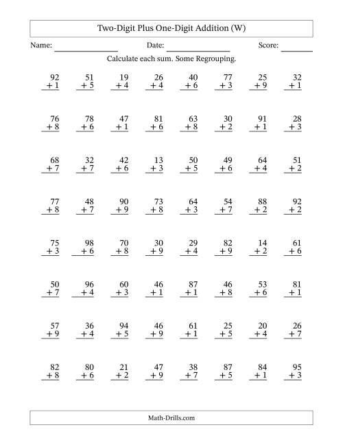 The Two-Digit Plus One-Digit Addition With Some Regrouping – 64 Questions (W) Math Worksheet