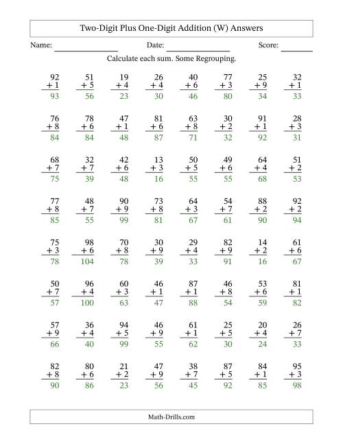 The Two-Digit Plus One-Digit Addition With Some Regrouping – 64 Questions (W) Math Worksheet Page 2