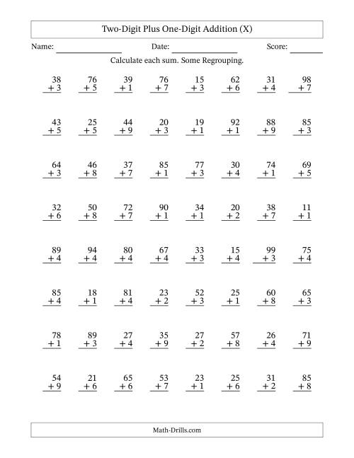 The Two-Digit Plus One-Digit Addition With Some Regrouping – 64 Questions (X) Math Worksheet