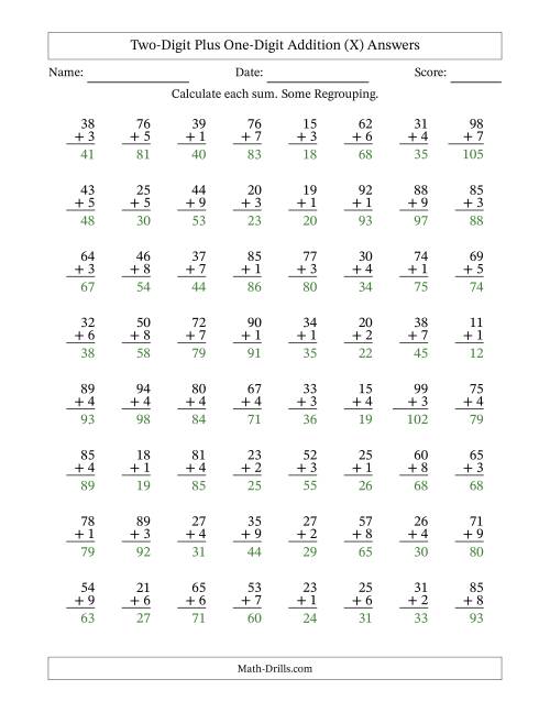 The Two-Digit Plus One-Digit Addition With Some Regrouping – 64 Questions (X) Math Worksheet Page 2