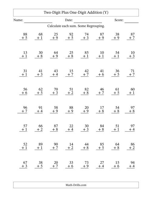 The Two-Digit Plus One-Digit Addition With Some Regrouping – 64 Questions (Y) Math Worksheet