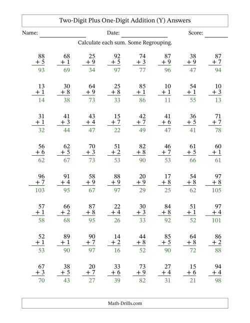 The Two-Digit Plus One-Digit Addition With Some Regrouping – 64 Questions (Y) Math Worksheet Page 2