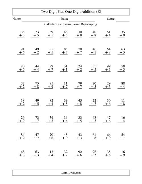 The Two-Digit Plus One-Digit Addition With Some Regrouping – 64 Questions (Z) Math Worksheet