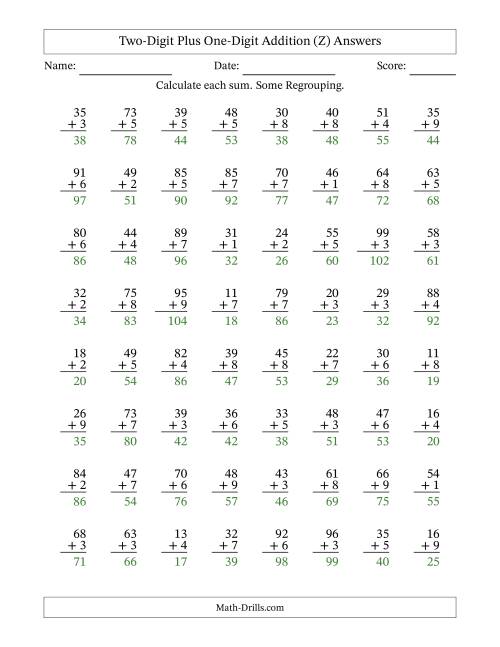 The Two-Digit Plus One-Digit Addition With Some Regrouping – 64 Questions (Z) Math Worksheet Page 2