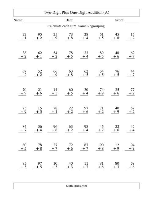 The Two-Digit Plus One-Digit Addition With Some Regrouping – 64 Questions (All) Math Worksheet