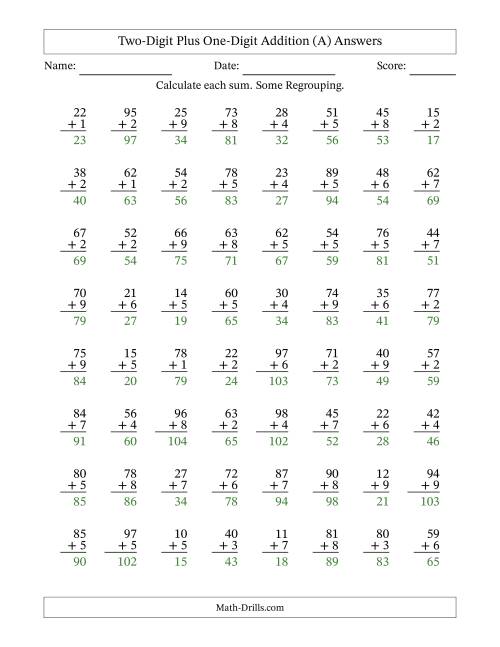 The Two-Digit Plus One-Digit Addition With Some Regrouping – 64 Questions (All) Math Worksheet Page 2