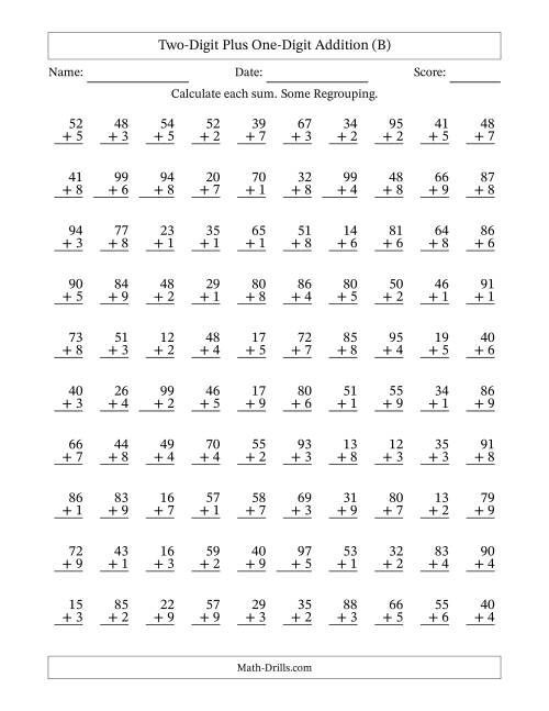 The Two-Digit Plus One-Digit Addition With Some Regrouping – 100 Questions (B) Math Worksheet