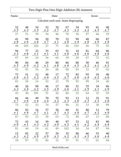 The Two-Digit Plus One-Digit Addition With Some Regrouping – 100 Questions (B) Math Worksheet Page 2