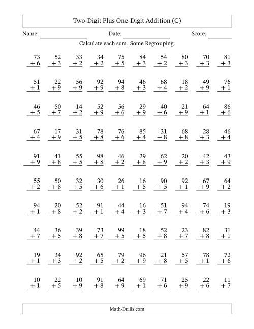 The Two-Digit Plus One-Digit Addition With Some Regrouping – 100 Questions (C) Math Worksheet