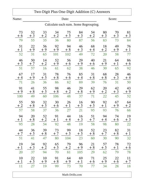 The Two-Digit Plus One-Digit Addition With Some Regrouping – 100 Questions (C) Math Worksheet Page 2