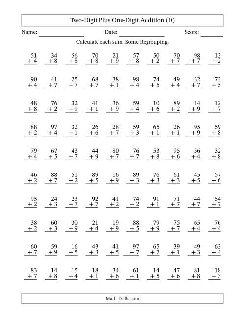 The Two-Digit Plus One-Digit Addition With Some Regrouping – 100 Questions (D) Math Worksheet